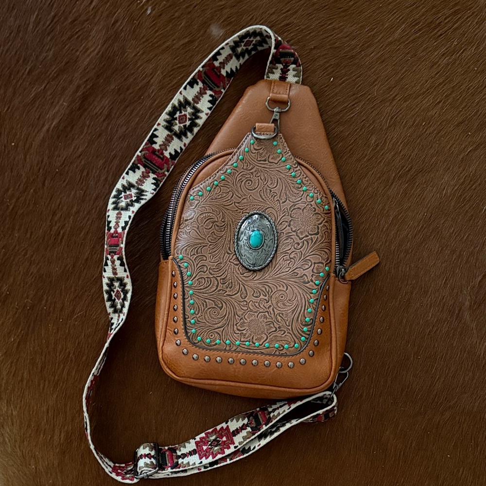 Brown Leather Sling Bag with Turquoise Accent